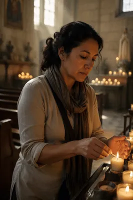 Woman Lighting Prayer Candle in Church
