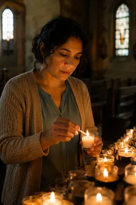 Woman Lighting Candle in Old Church