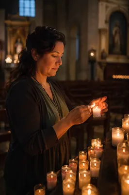 Hispanic Woman Lighting Candle in Church