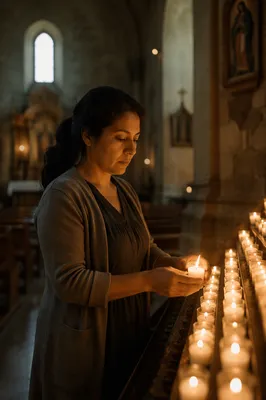 Woman Lighting Prayer Candle in Church