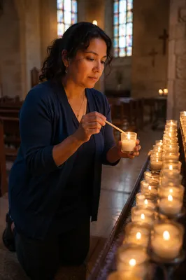 Hispanic Woman Lighting Candle in Church
