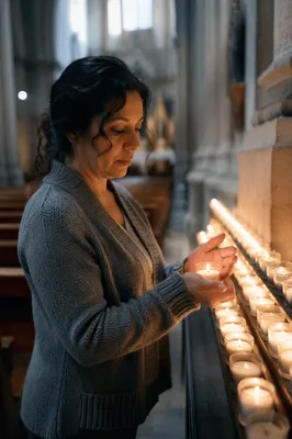 Hispanic Woman Lighting Candle in Church
