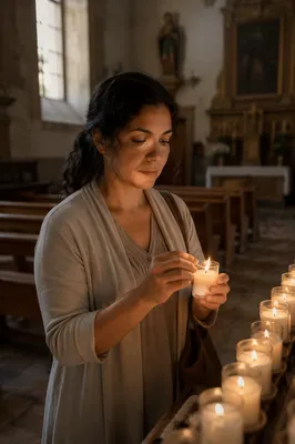 Woman Lighting Prayer Candle in Church