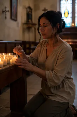 Woman Lighting Candle in Historic Church