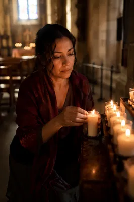 Hispanic Woman Lighting Candle in Church