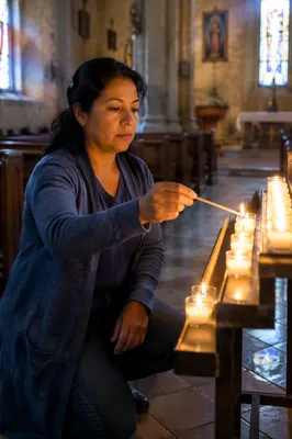 Woman Lighting Prayer Candle in Church