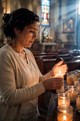 Woman Lighting Candle in Quiet Church