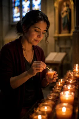 Hispanic Woman Lighting Prayer Candle in Chapel