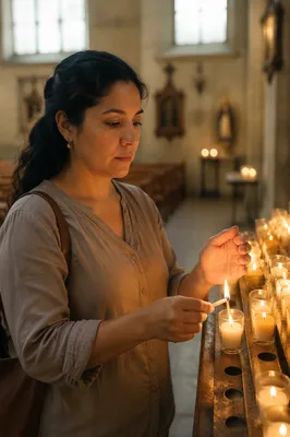 Woman Lighting Prayer Candle in Church