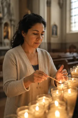 Woman Lighting Prayer Candle in Church