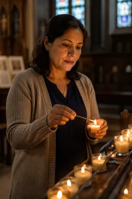 Woman Lighting Prayer Candle in Church