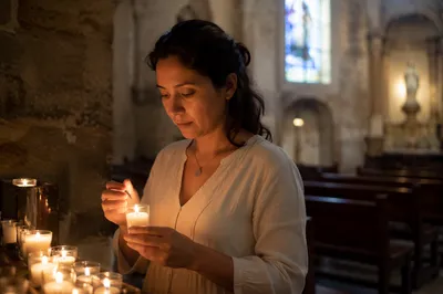 Woman Lighting Prayer Candle in Church