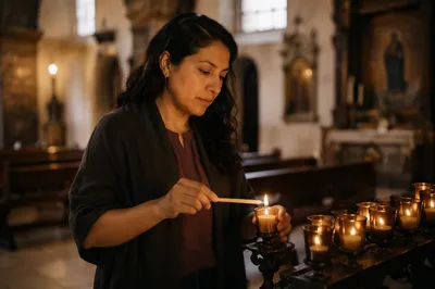 Woman Lighting Prayer Candle in Church