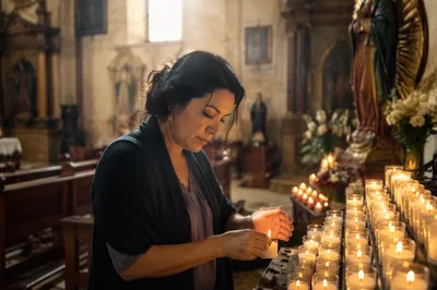 Hispanic Woman Lighting Candle in Church