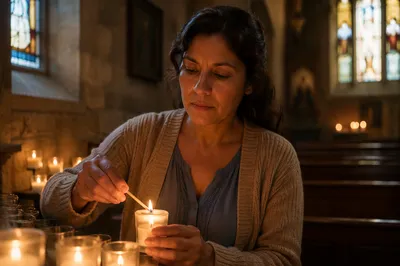 Hispanic Woman Lighting Candle in Church