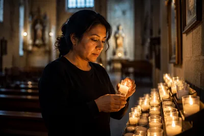 Hispanic Woman Lighting Candle in Church