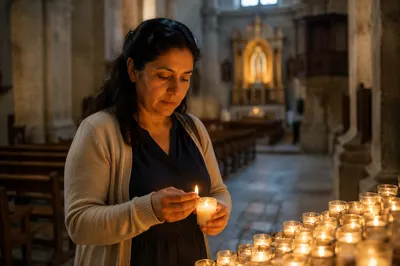 Woman Lighting Prayer Candle in Church
