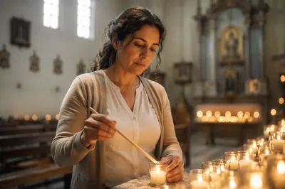 Woman Lighting Prayer Candle in Church