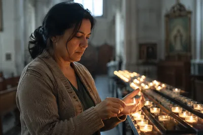 Hispanic Woman Lighting Candle in Church