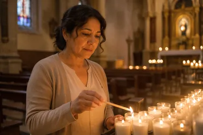 Woman Lighting Candle in Quiet Church