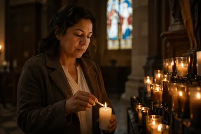 Woman Lighting Candle in Traditional Church