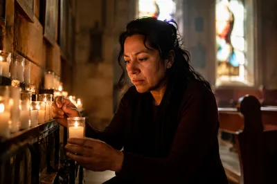 Woman Lighting Candle in Historic Church