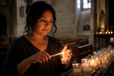 Hispanic Woman Lighting Candle in Church