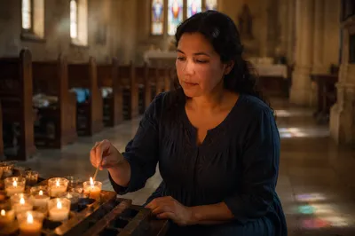 Woman Lighting Prayer Candle in Church