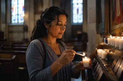 Hispanic Woman Lighting Candle in Church
