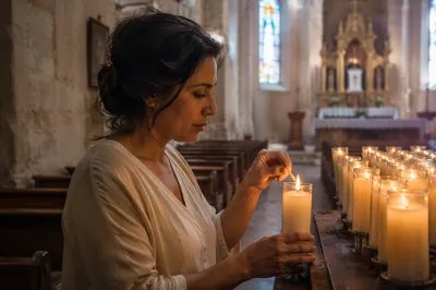 Woman Lighting Candle in Quiet Church