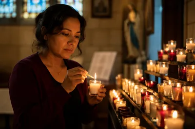 Woman Lighting Prayer Candle in Chapel
