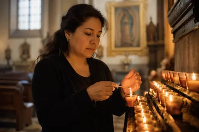 Hispanic Woman Lighting Candle in Church