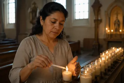 Woman Lighting Prayer Candle in Church