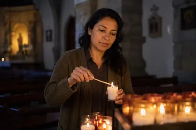 Woman Lighting Candle Inside Quiet Church