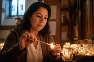 Woman Lighting Prayer Candle in Church