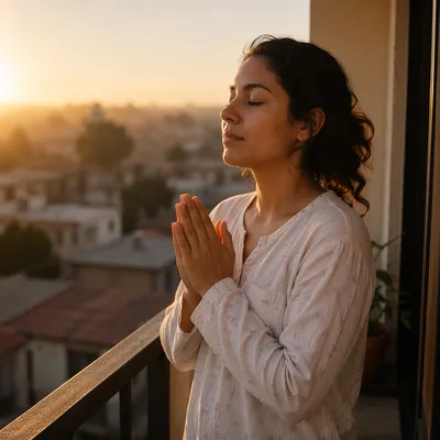 Woman Praying on Balcony at Sunrise