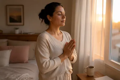 Peaceful Woman Praying by Bedroom Window