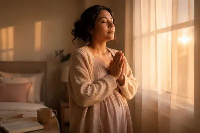 Peaceful Woman Praying by Sunrise Window