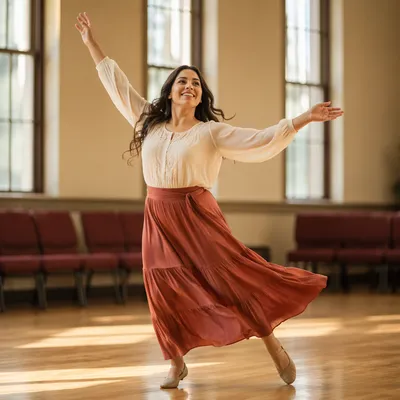 Joyful Woman Dancing in Sunlit Hall