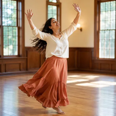 Joyful Woman Dancing in Sunlit Hall