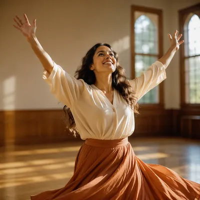 Joyful Woman Dancing in Sunlit Hall