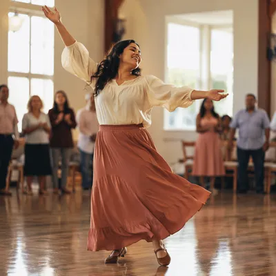 Joyful Woman Dancing in Sunlit Hall