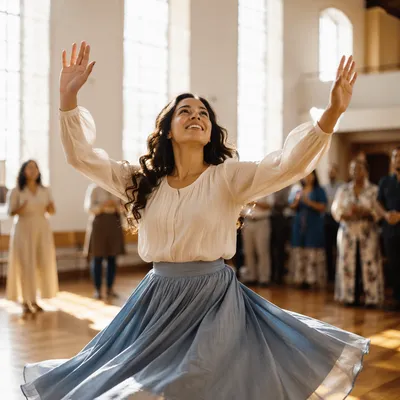 Joyful Woman Dancing in Worship Hall