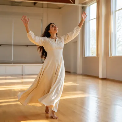 Joyful Woman Dancing in Sunlit Hall