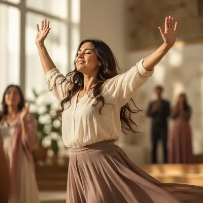 Joyful Woman Dancing in Sunlit Hall