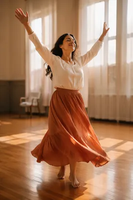 Joyful Woman Dancing in Sunlit Hall