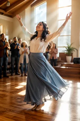 Joyful Woman Dancing in Worship Hall