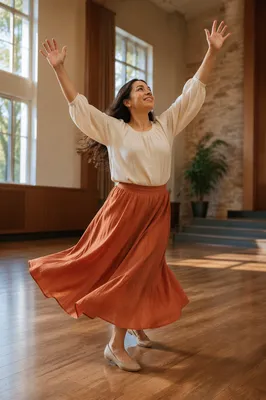Joyful Woman Dancing in Sunlit Hall