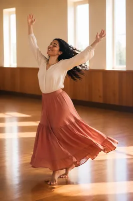 Joyful Woman Dancing in Sunlit Hall