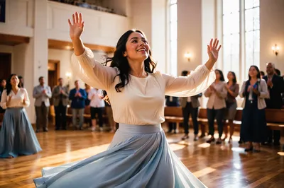 Joyful Woman Dancing in Worship Hall